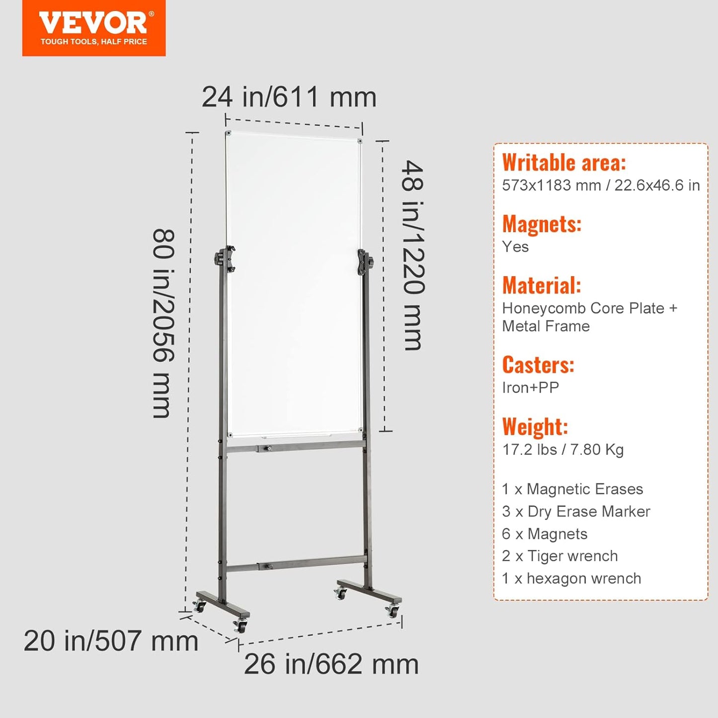 VEVOR Dry Erase Calendar for Wall, 36 x 24 Inches Whiteboard Calendar, Monthly Planner Magnetic Dry Erase Board, 1 Magnetic Erase & 2 Dry Erase Marker & Movable Tray for Restaurant Office Home School