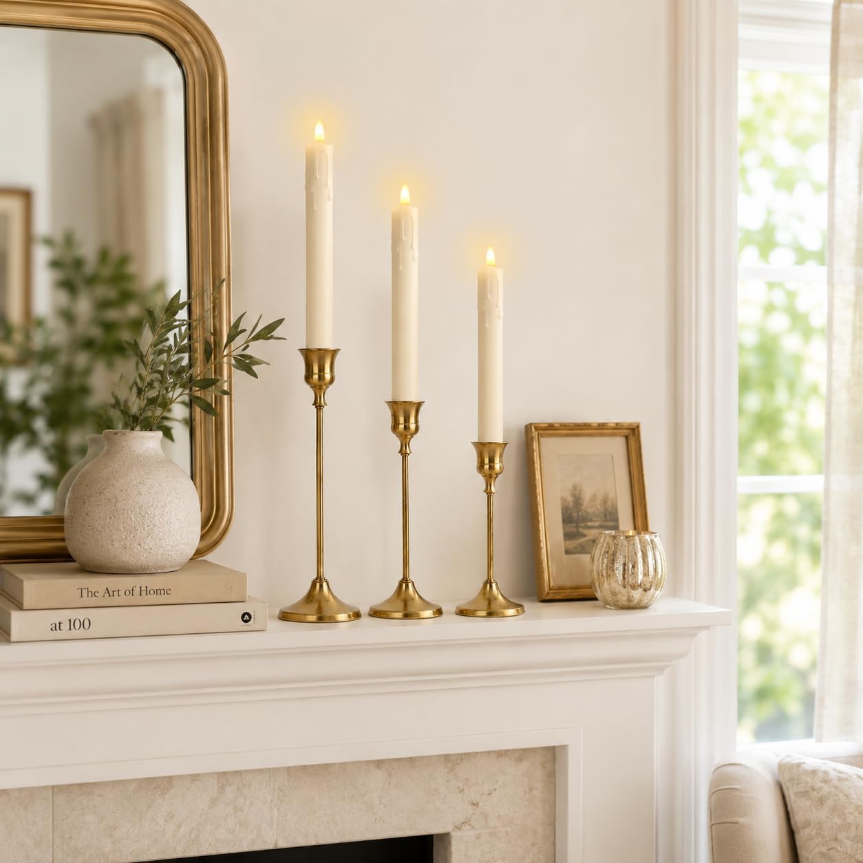 Candle Holder Set of 3, with 3 Flameless Candles & 1 Remote(Gold) | Taper Candle Holders, Metal Non Slip Stable Base, for Home Decor, Holiday Party, Pet & Kid Friendly