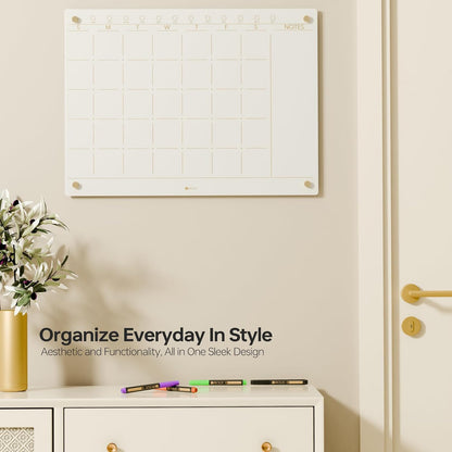Black Glass Golden Monthly Dry Erase Calendar Whiteboard for Wall, 17" x 23", Frameless Large Planner White Board for Home Kitchen Office, 4 Wet Erase Markers Included, Yeoux