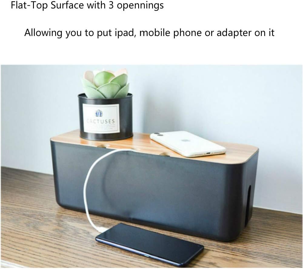 Cable Management Box with Bamboo Lid, Small Power Strip Organizer, Black
