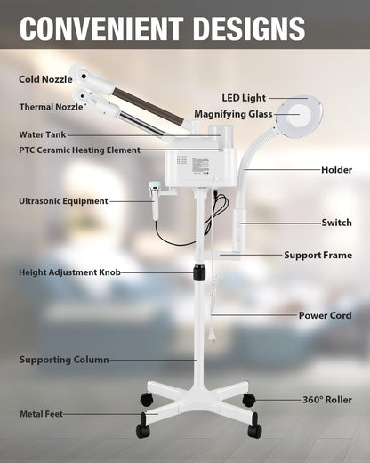 Professional Facial Steamer 3 in 1 Steamer for Face with Hot & Cold Nozzle 5X LED Magnifying Lamp Facial Steamer for Esthetician Beauty Face Equipment Use at Home or Salon