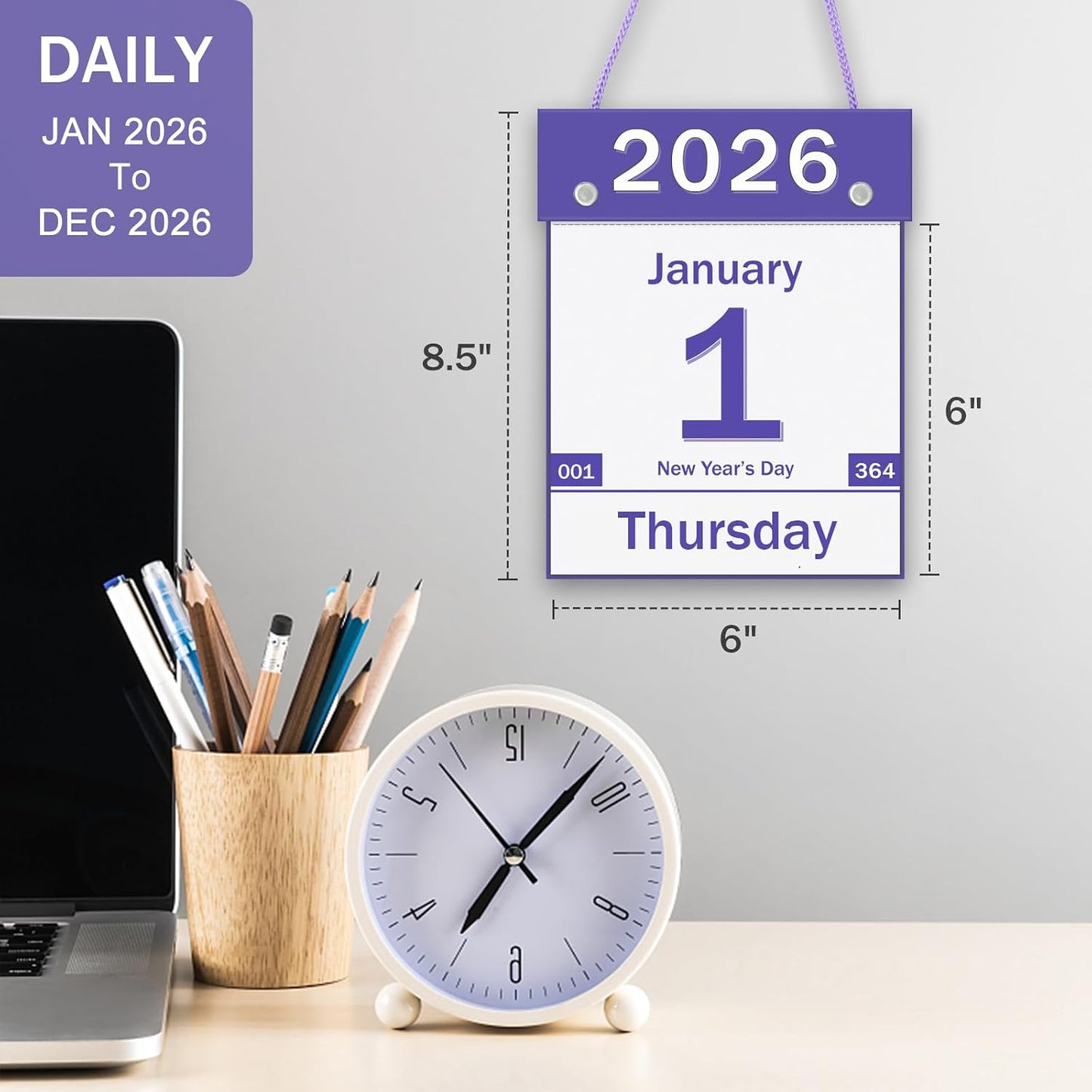 2026 Daily Wall Calendar, Page per Day with Large Print Dates, 365 Day Tear off Wall Calendar for Seniors Gift Home Office School Dorms, 8.5" x 6", Tear Away Calendars with Hanging String, Cyan