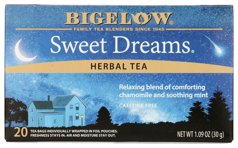 Bigelow Sweet Dreams Herbal Tea 28-Count Box (Pack of 1) Relaxing Blend of Chamomile & Mint Caffeine-Free Nighttime Herbal Tea in Individual Foil-Wrapped Bags