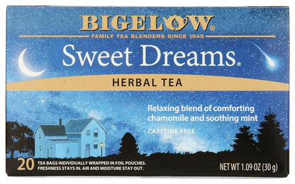 Bigelow Sweet Dreams Herbal Tea 28-Count Box (Pack of 1) Relaxing Blend of Chamomile & Mint Caffeine-Free Nighttime Herbal Tea in Individual Foil-Wrapped Bags