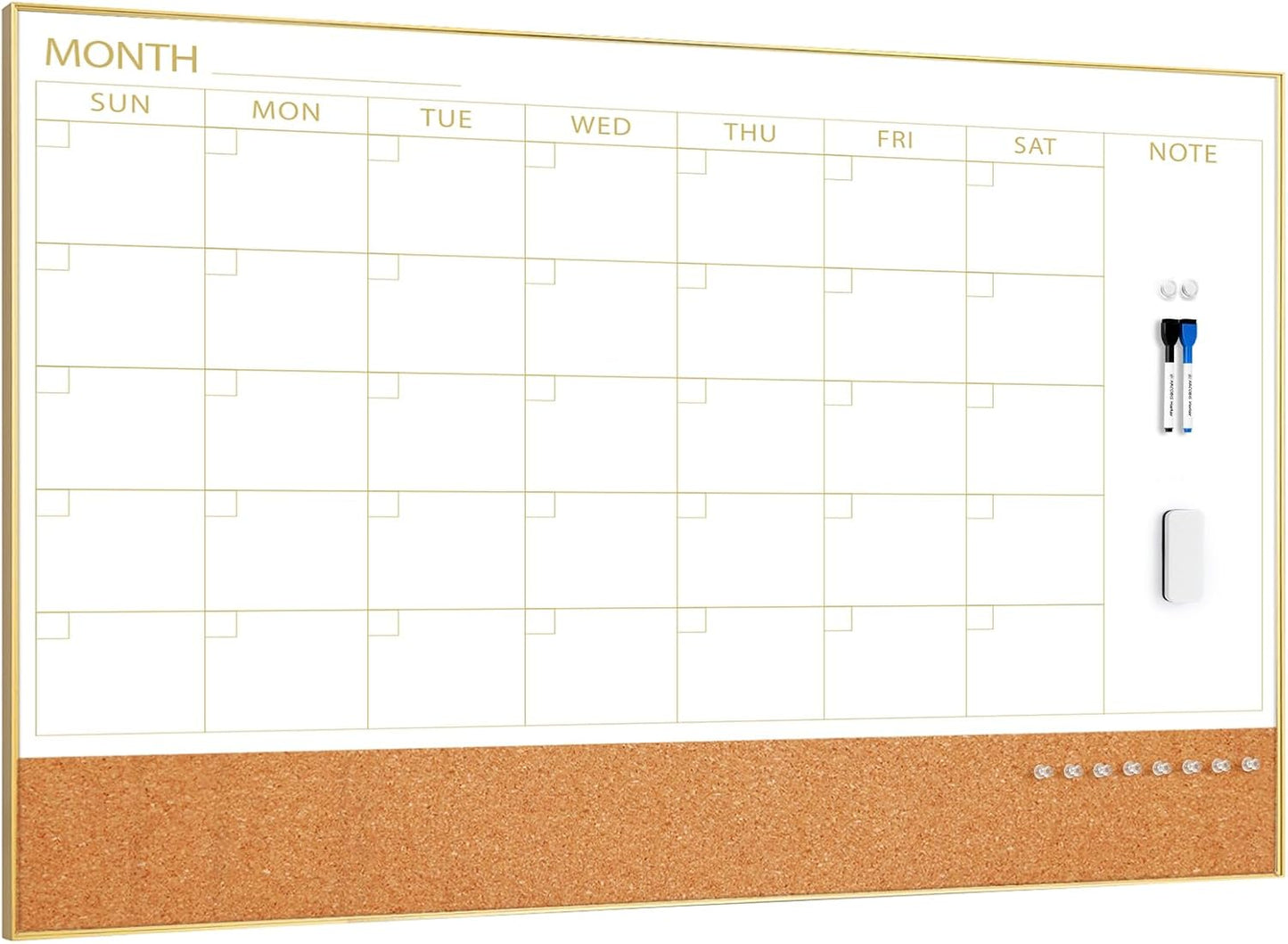 ARCOBIS Dry Erase Calendar with Cork Board for Wall, 24"x 18" Magnetic Calendar Whiteboard with Black Frame, Monthly Combination Board for School, Home, Office