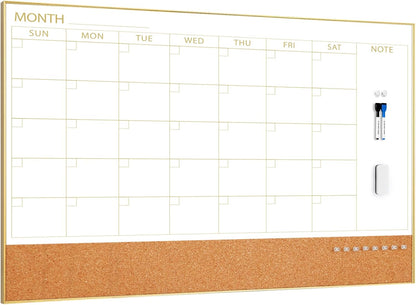 ARCOBIS Dry Erase Calendar with Cork Board for Wall, 24"x 18" Magnetic Calendar Whiteboard with Black Frame, Monthly Combination Board for School, Home, Office