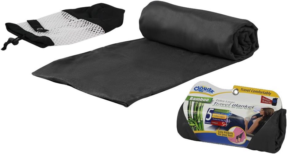 Cloudz Extra Large Airplane Travel Blanket for Your Flight, Car, Camping, Home or Comforting Warmth Anywhere! Includes Warm Cozy Pockets for Your Feet and a Travel Bag - Charcoal