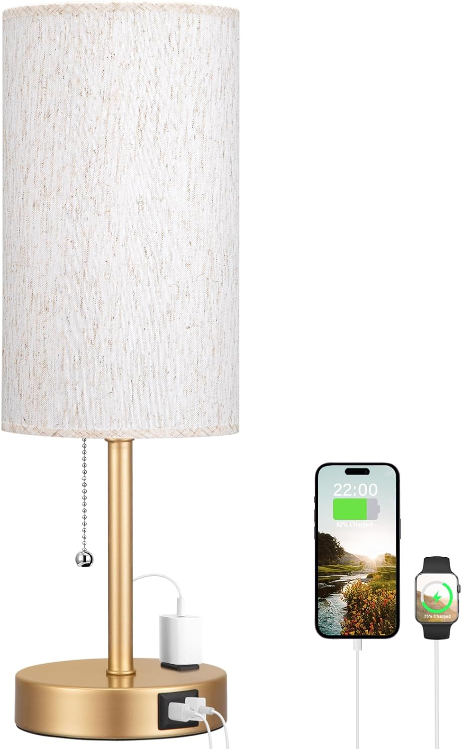 Small Bedside Table lamp for Bedroom - 3 Color Temperatures Bedside Lamps with USB C and A Ports, Pull Chain Table Lamps with AC Outlet, White Nightstand Lamps with Black Metal Base for Kids Reading