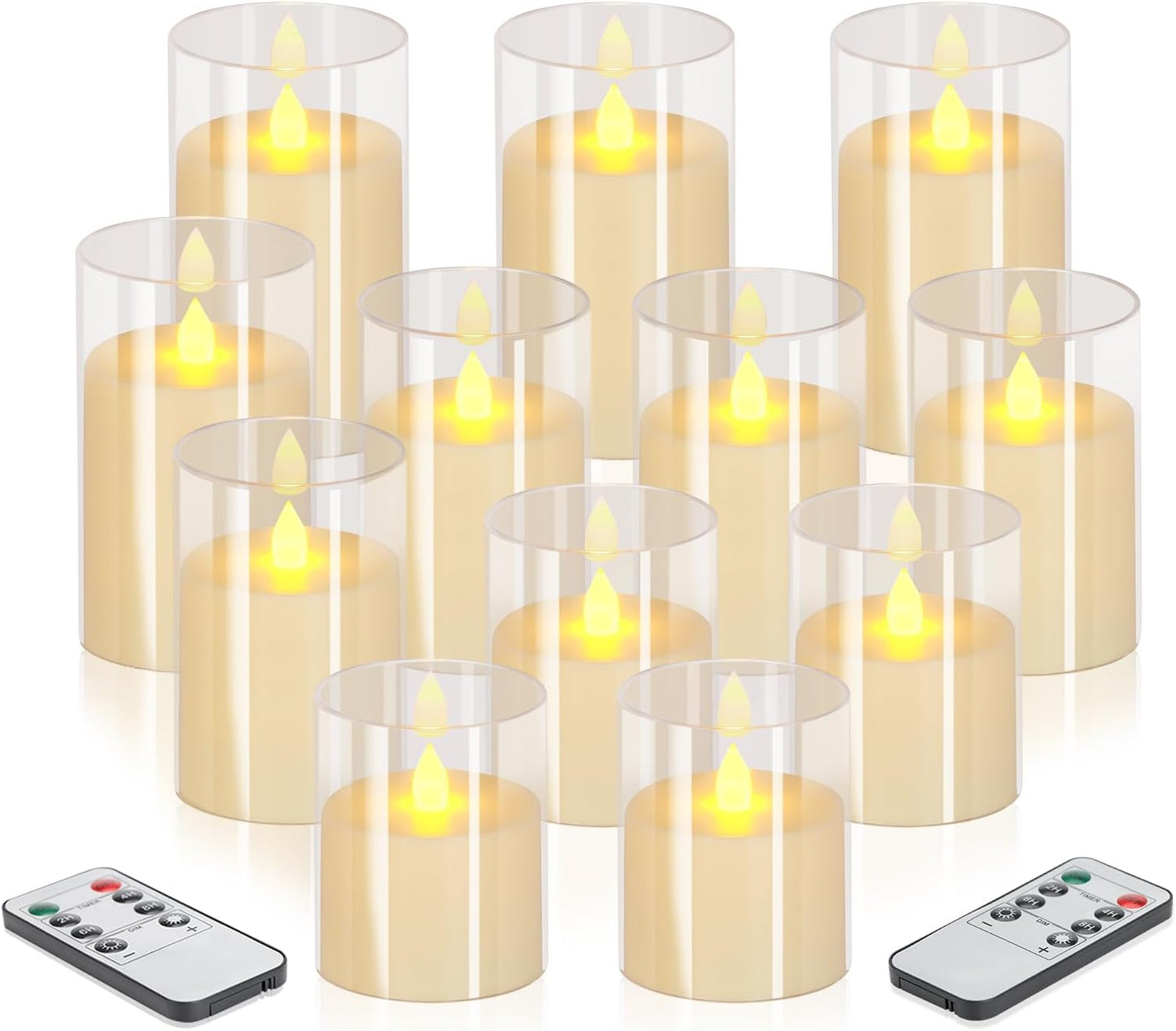 wemarry Flameless Candles 4" 5" 6" Acrylic Glass Pillars 3" Diameter Battery Operated Flickering Candles Include 8-Key Remote with Timer Function 400+ Hours (Gray, Warm Light 3 Pack)