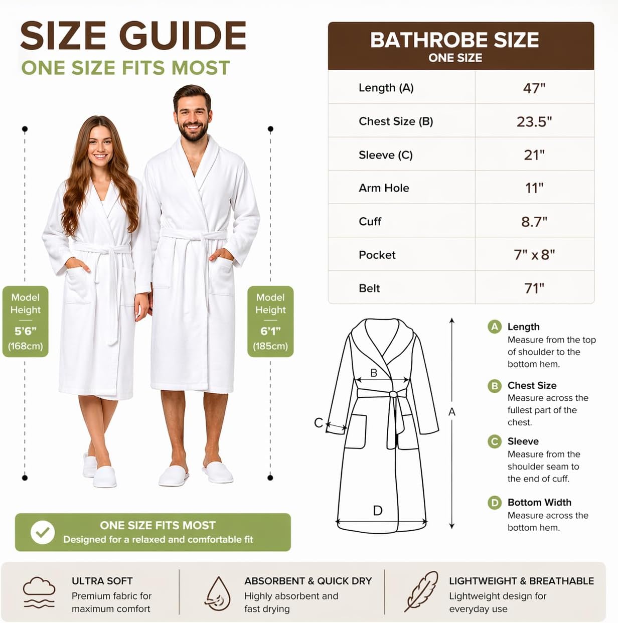 BIOLINEN 100% Cotton Terry Shawl Collar Bathrobe with Slippers