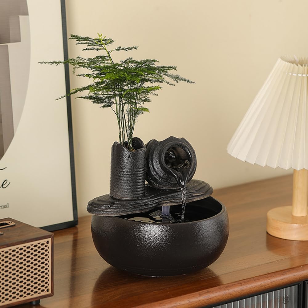Ceramic Tabletop Fountain Water Feature Fall Indoor and Outdoor Decoration (Black Bamboo A151)