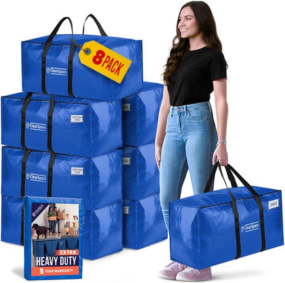 ClearSpace Heavy Duty Moving Bags - Water Resistant Storage Bags with Backpack Straps, Zippers and Handles - Large Moving Boxes for College Dorm, Travel, Closet Organization -, Clear