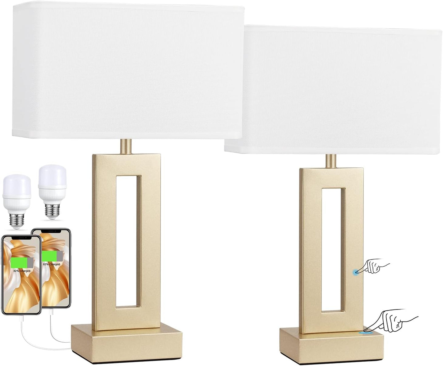 Gold Table Lamps Set of 2, 16.4" Bedside Lamps for Nightstand with USB C+A