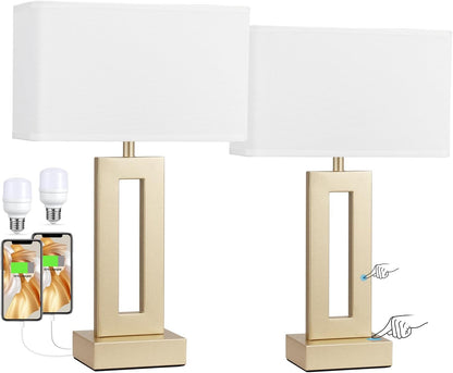 Gold Table Lamps Set of 2, 16.4" Bedside Lamps for Nightstand with USB C+A