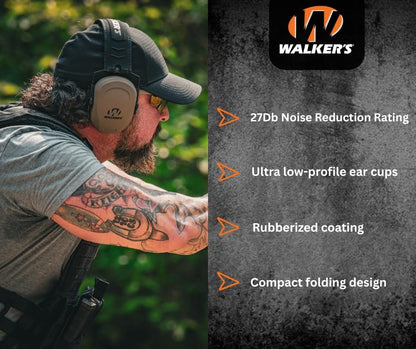 Walker's Razor Slim Passive Earmuffs Ultra Low Profile 27dB NRR Light Weight