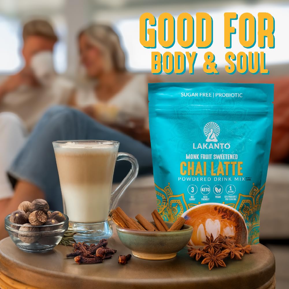 Lakanto Sugar Free Chai Latte Drink Mix - Monk Fruit Sweetened, Iced Chai or Hot Chai Tea, Vegan, Probiotics, Rich Flavor, Chai Spices, Keto Diet Friendly (9.9 Oz)