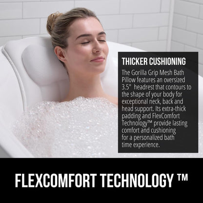 GORILLA GRIP Bath Pillow for Tub, 6 Strong Suction Cups, 4D Mesh FlexComfort Headrest for Neck, Head and Back Support, Luxury Machine Washable Pillows, Bathtub Accessories, Spa Gifts for Women, White