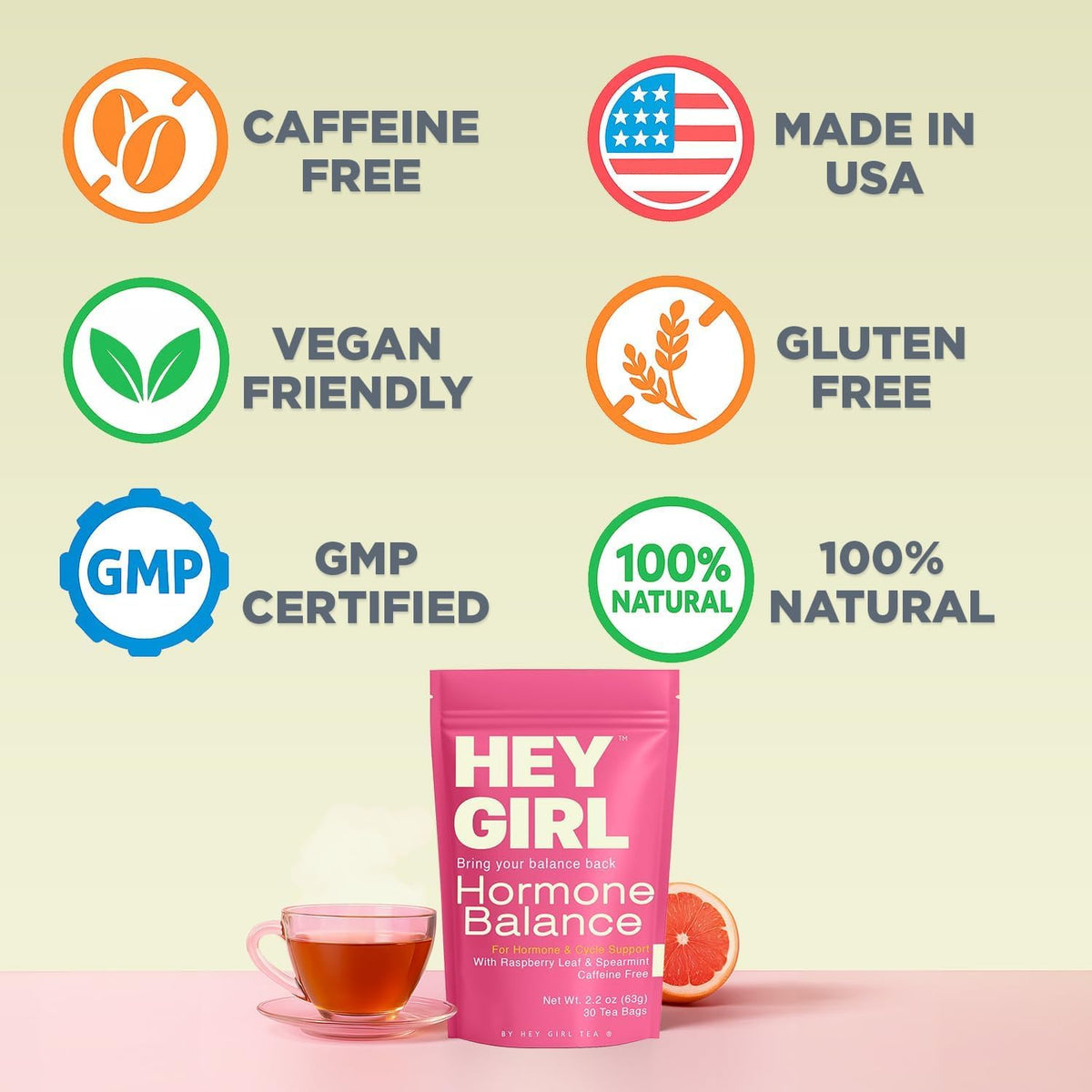 Hey Girl Hormone Balance Tea for Women, Spearmint & Red Raspberry Leaf with Chamomile & Ginger - Herbal PCOS Tea, Perimenopause, Cycle & PMS Support, Caffeine Free, 30 Tea Bags