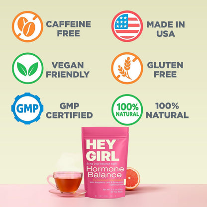 Hey Girl Hormone Balance Tea for Women, Spearmint & Red Raspberry Leaf with Chamomile & Ginger - Herbal PCOS Tea, Perimenopause, Cycle & PMS Support, Caffeine Free, 30 Tea Bags