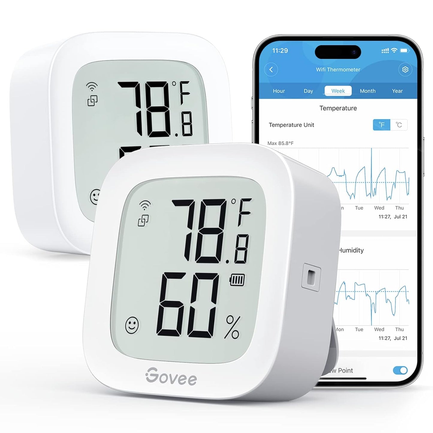 Govee WiFi Thermometer Hygrometer H5103, Indoor Bluetooth Temperature Humidity Sensor with Electronic Ink Display, App Notification Alert, Free Data Storage Export, Digital Remote Monitor for Bedroom