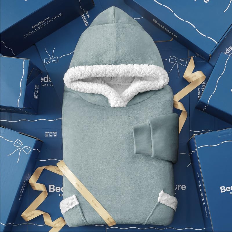 Bedsure Wearable Blanket Hoodie, Long Hooded Blanket Sweatshirt as Mothers Birthday Gifts for Women, Cozy Sherpa Hoodie for Adult, Standard, Grey