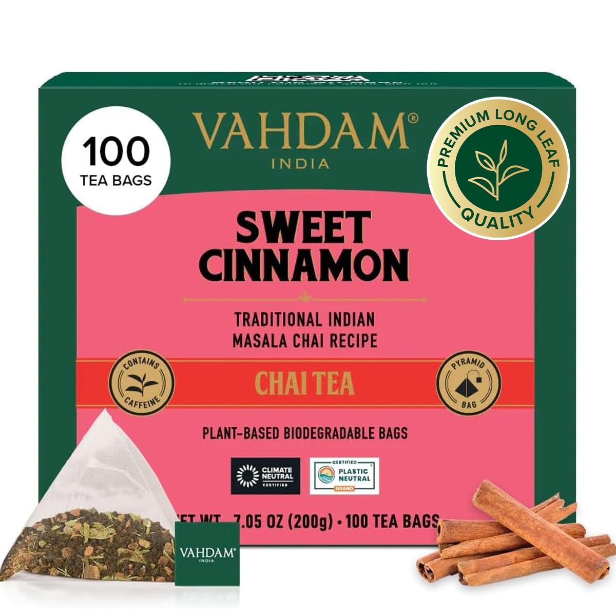 VAHDAM Sweet Cinnamon Chai Tea Bags (100 Count) Masala Chai Pyramid TeaBags