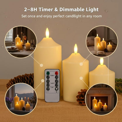 ANGELLOONG Flickering Flameless Candles, Realistic Battery Operated Candles with Remote and Timer, Set of 3 LED Candles for Fall Room Home Wedding Decor Centerpieces Table Party Christmas Decorations
