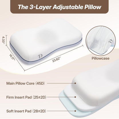 Cervical Neck Pillow for Neck Support, Adjustable Memory Foam Pillow with Customizable Height and Firmness for Side, Back, Stomach and CombSination Sleepers Programs, White 1 pcs