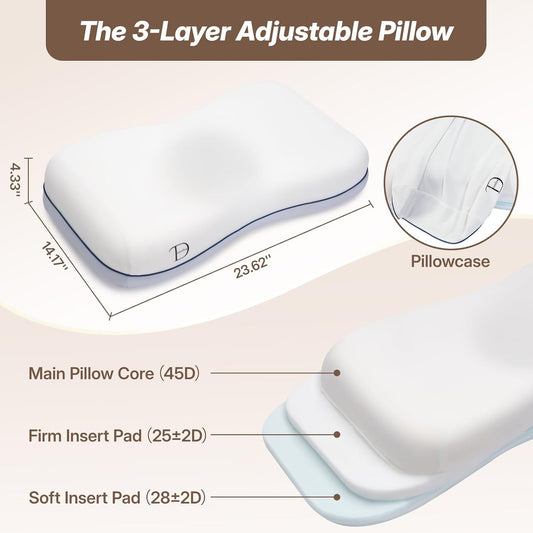 Cervical Neck Pillow for Neck Support, Adjustable Memory Foam Pillow with Customizable Height and Firmness for Side, Back, Stomach and CombSination Sleepers Programs, White 1 pcs