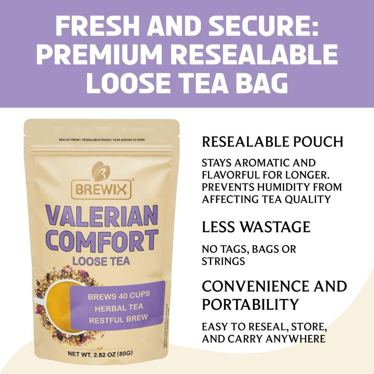 BREWIX, Valerian Comfort Tea for Sleep and Relaxation (40+ Cups, 2.82oz/80g) Caffeine-Free and Calming for Bedtime | Valerian Root, Chamomile & Lavender | Perfect Wellness Sleep