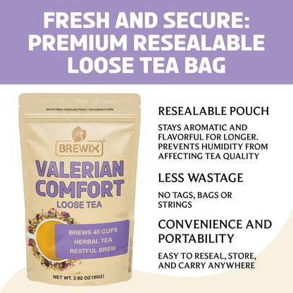 BREWIX, Valerian Comfort Tea for Sleep and Relaxation (40+ Cups, 2.82oz/80g) Caffeine-Free and Calming for Bedtime | Valerian Root, Chamomile & Lavender | Perfect Wellness Sleep