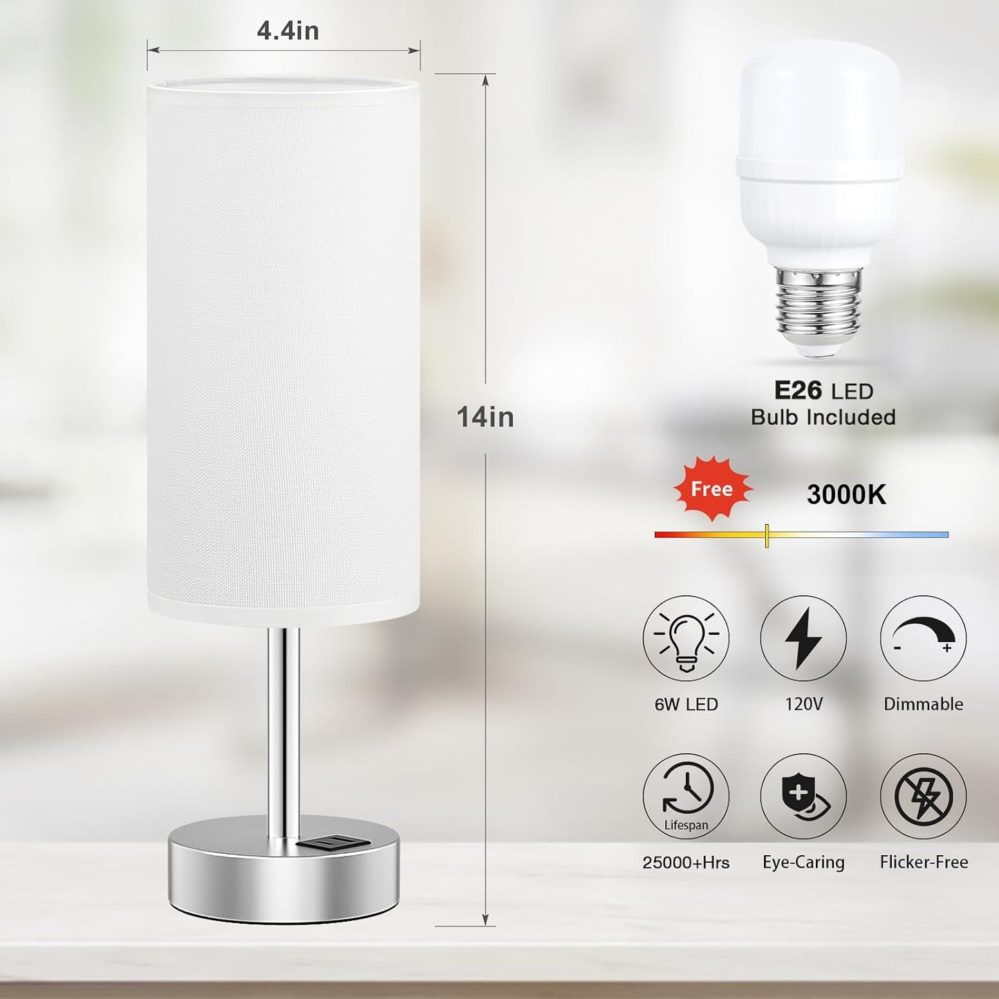 Dicoool Touch Bedside Table Lamp with USB - 3 Way Dimmable Wood Lamp for Bedroom Nightstand, Desk Lamp with Charging Station for Dorm, Living Room, Office, Kids Room, Small, 14in