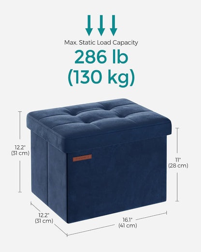SONGMICS Small Folding Storage Ottoman, Foot Rest Stool, Cube Footrest, Synthetic Leather, 12.2 x 16.1 x 12.2 Inches, 286 lb Capacity, for Living Room, Bedroom, Dorm, Ink Black ULSF100B01