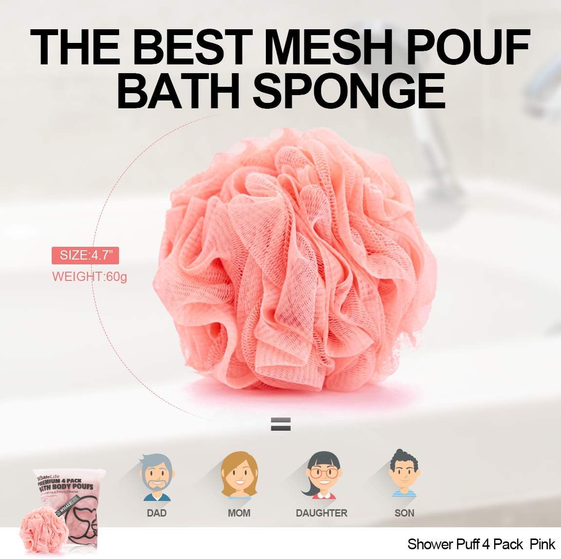 WhaleLife Loofah Bath Sponges - Black Gentle Exfoliating Shower Loofah for Rich Lather, Durable Mesh Body Scrubber for Men & Women 4 Pack