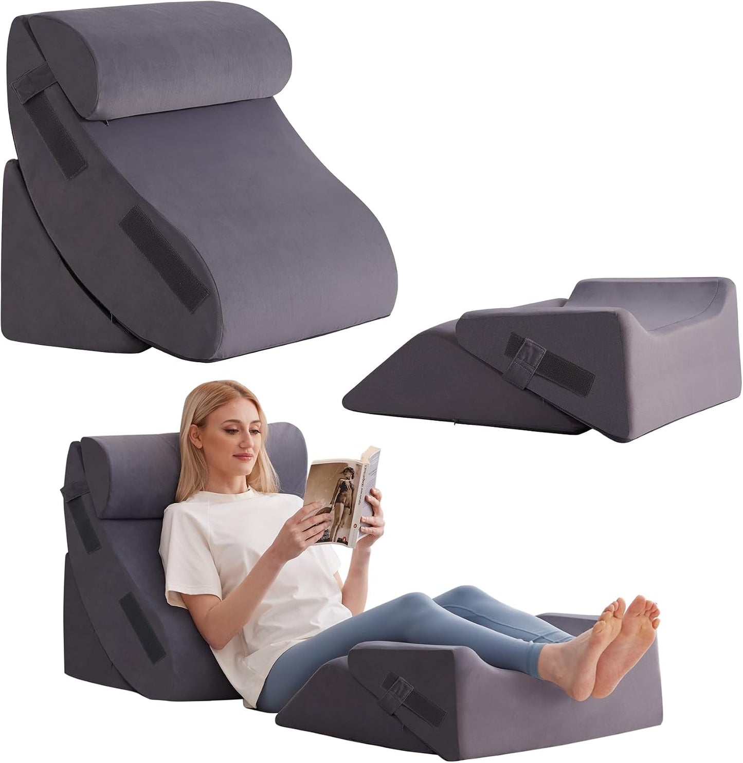 Ahpmeoa 5Pcs Wedge Pillow Set for After Surgery, Memory Foam, White/Grey