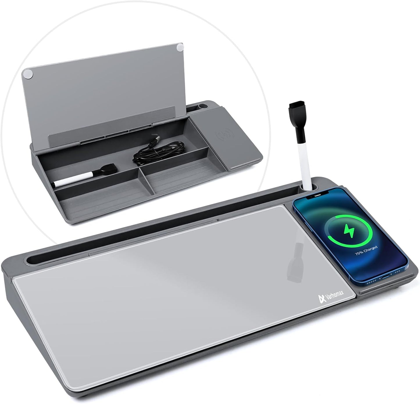 Varhomax Glass Weekly Dry Erase Desk White Board, Desktop to Do List Planner Whiteboard Calendar with Storage Caddy Memo for Home and Office, White
