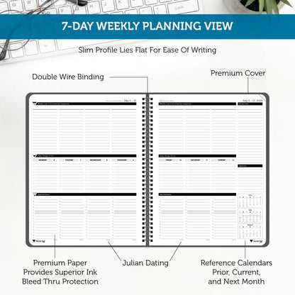 Planner Pad Spiral Bound July 2026 – June 2027 / Academic Year 8 1/2" x 11" Large 3-Tier Funnel Down 12 Month/Weekly Size Organizer, Greenish Grey Cover/Soft Green Ink