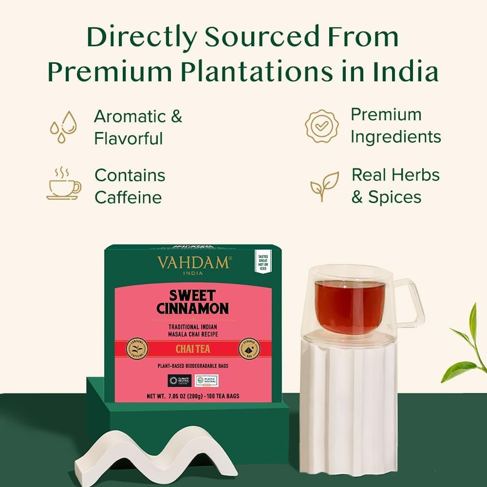 VAHDAM Sweet Cinnamon Chai Tea Bags (100 Count) Masala Chai Pyramid TeaBags