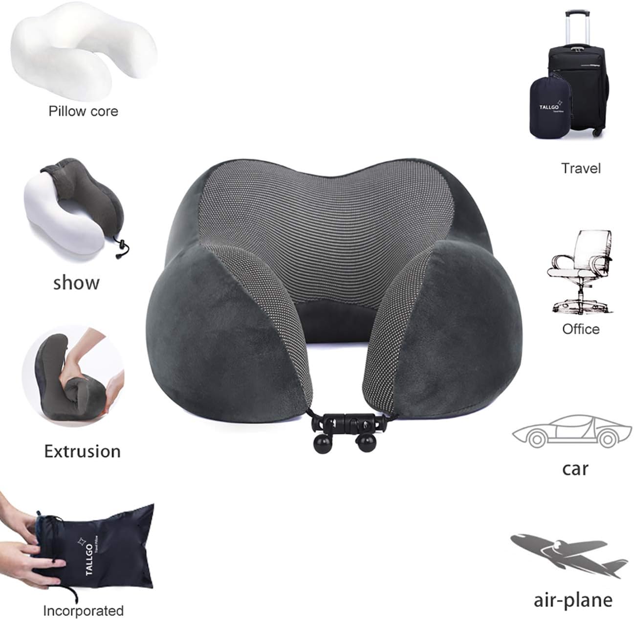 TALLGO Travel Pillow, Best Memory Foam Neck Pillow Head Support Soft Pillow for Sleeping Rest, Airplane Car & Home Use (Black)