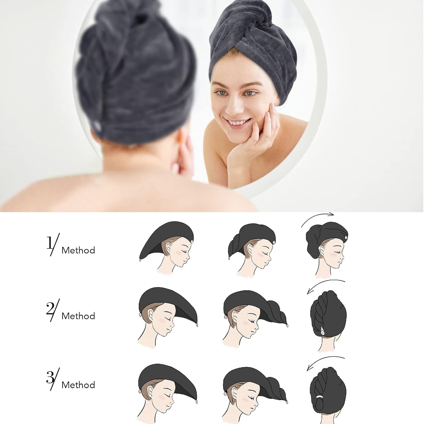 SINLAND Microfiber Hair Drying Cap Hair Towel Turban Twist for Women Fast Drying Towels Head Turban Absorbent Soft Lightweight 3 Pack Black