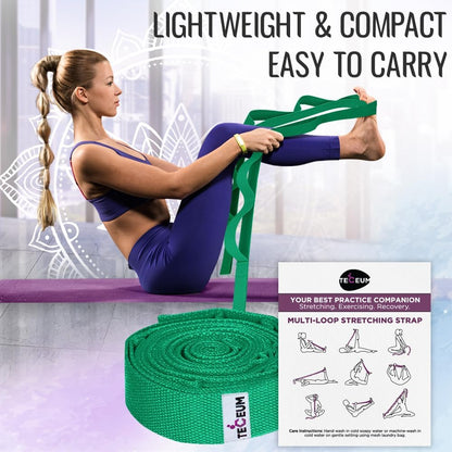 TECEUM Stretching Strap with 10 Loops for Physical Therapy & Rehab | Non-Elastic Yoga Stretch Band for Hamstring, Leg, Hip & Knee Rehab, Pilates, Flexibility & Mobility Exercises for Men & Women