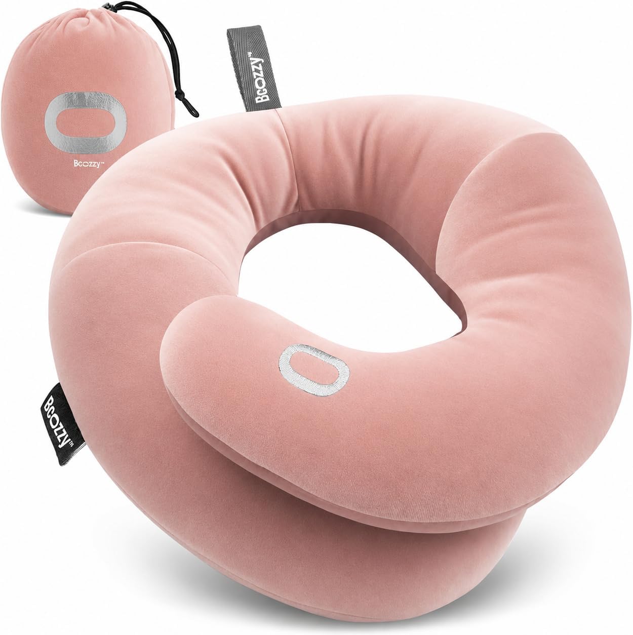 BCOZZY Travel Neck Pillow for Airplane – Patented Double Support for Head, Neck, and Chin. Best for Long Flights, Plane Sleeping, and Car Rides. Adjustable Size. Fully Washable. Carry Bag. Large, Gray