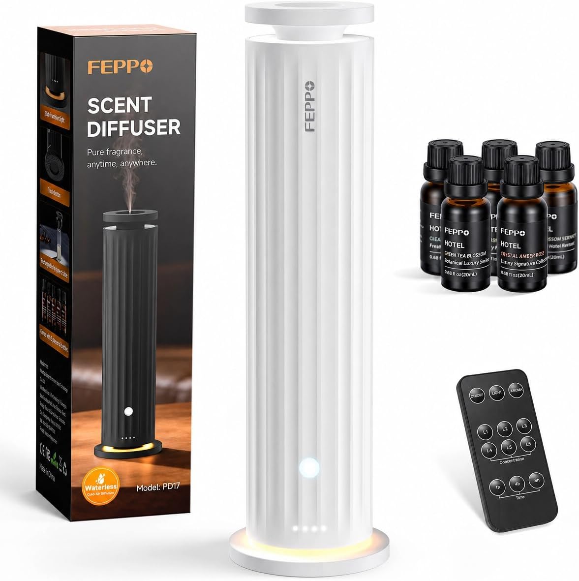 FEPPO Waterless Diffuser – Diffuser for Home, Hotel, Office | Essential Oil Diffuser Starter Kit with 5×20mL Hotel Scent Oils, 6 Scent Levels, 4 Timer Modes, Quiet Diffuser, 1000+ Sq Ft