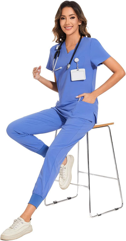 COZYFIT Scrubs for Women Set - Stretch V-Neck Scrub Top & Jogger Pant with 8 Pockets COZY SCRUBS - Colors D