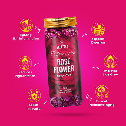 BLUE TEA - Rose Tea - 0.88 Oz (25 Cups) Loose | Rich in Vitamin-C - For Hair & Skin | Natural Sun Dried | Caffeine Free - Flower Based - Herbal Tea - Vegan | Pet Jar