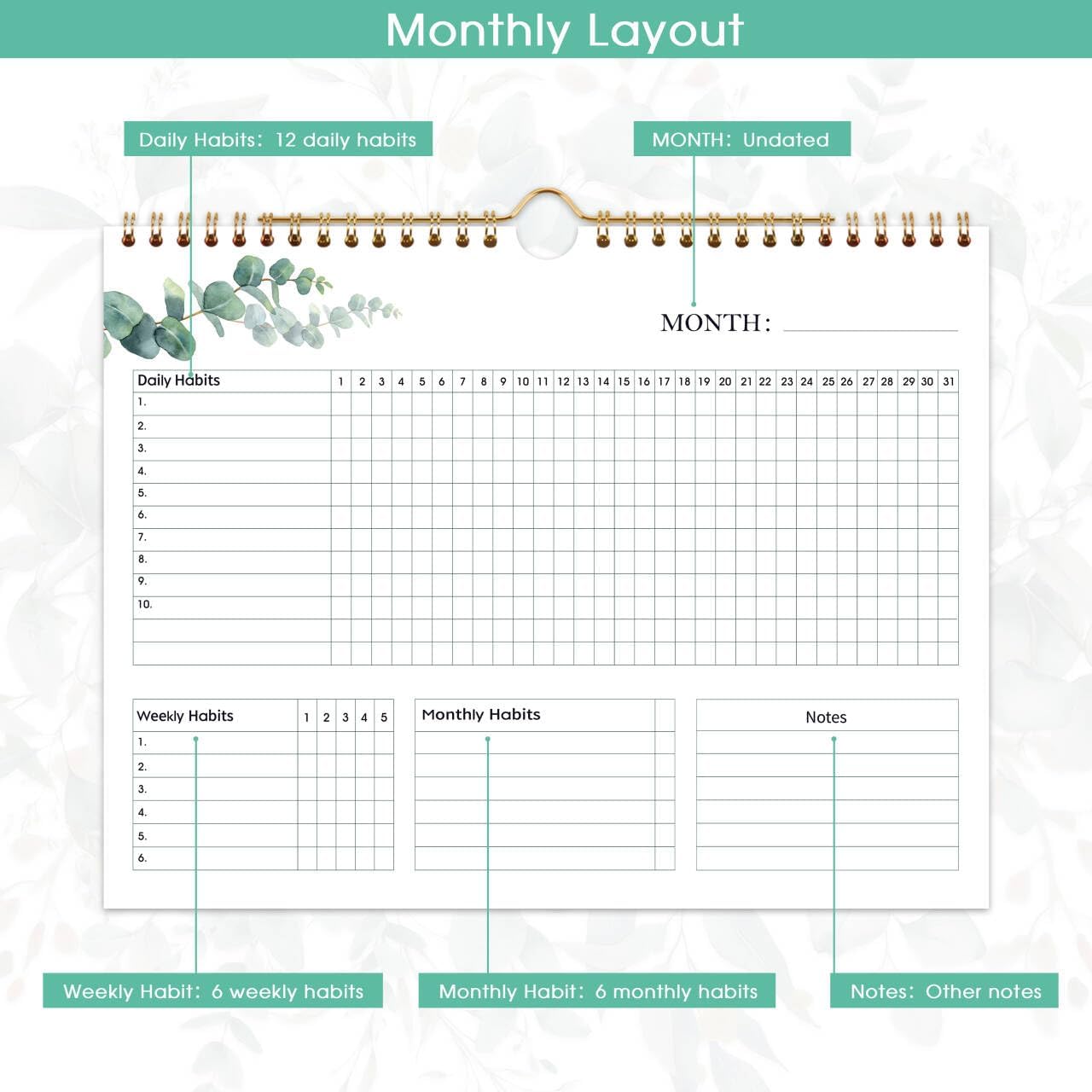 Habit Tracker Calendar - 12 Months Undated Daily Planner, 8"x10"
