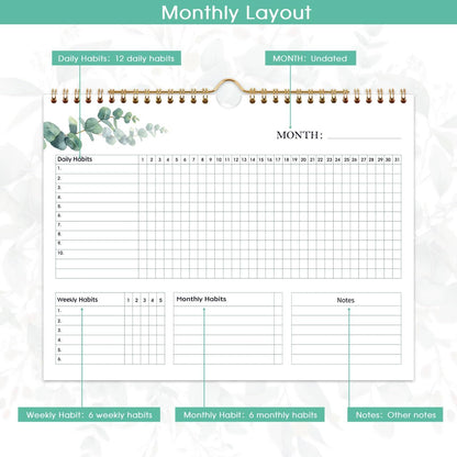 Habit Tracker Calendar - 12 Months Undated Daily Planner, 8"x10"