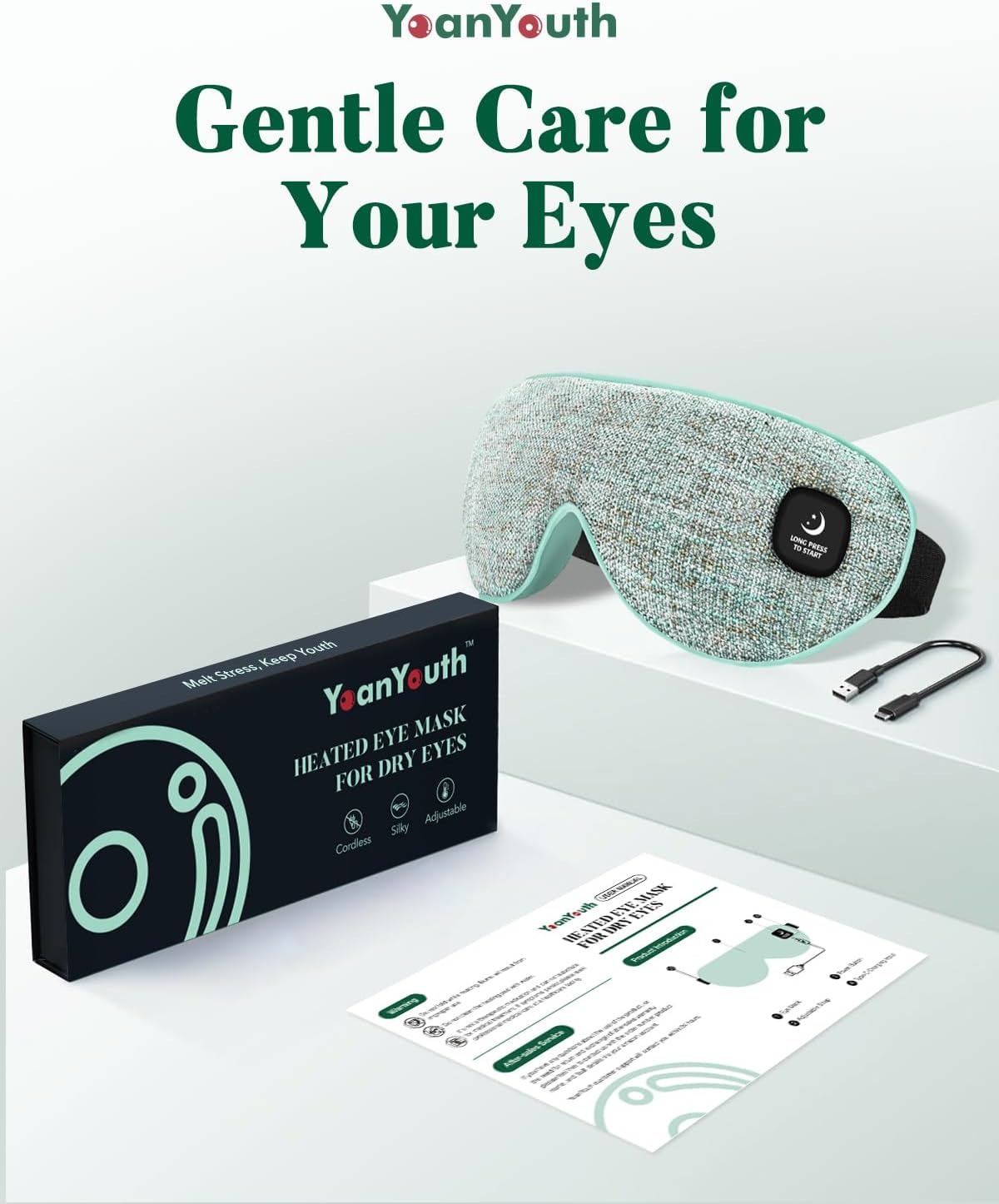 YoanYouth Heated Eye Mask for Dry Eyes, FSA Eligible HSA, Cordless Warm Compress for Eyes, Light Blocking Eye Heating Pad, Styes, Sleep, Cover Washable, Rechargeable, Light Blue