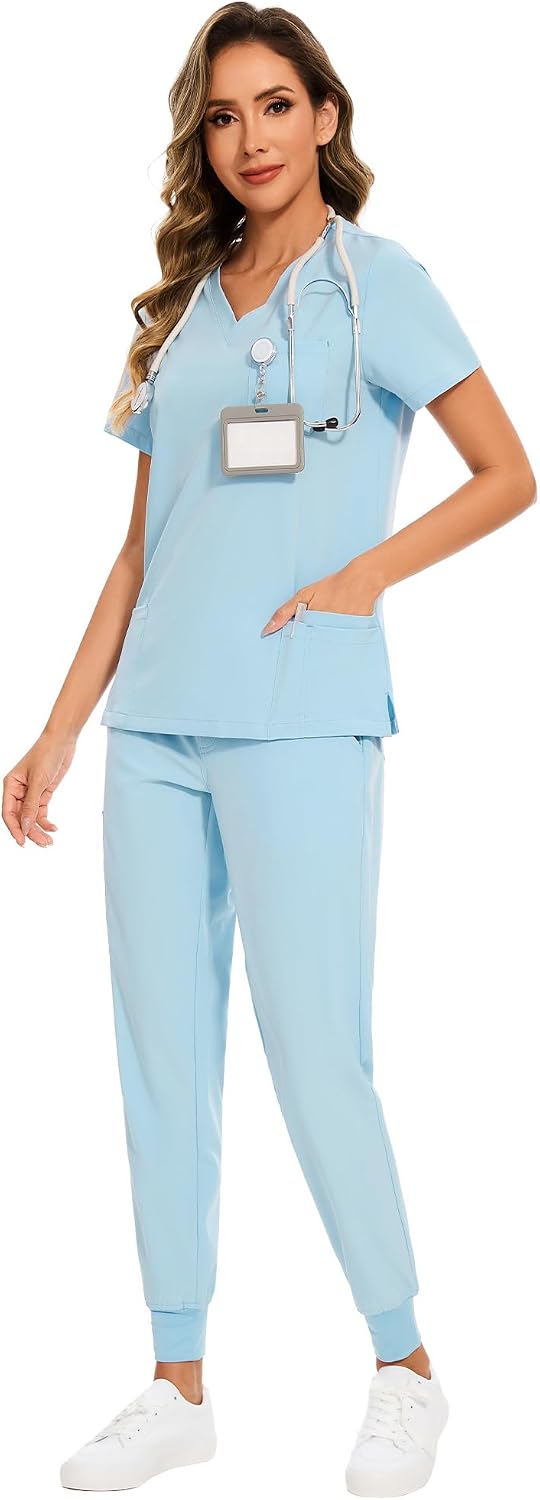 COZYFIT Scrubs for Women Set - Stretch V-Neck Scrub Top & Jogger Pant with 8 Pockets COZY SCRUBS - Colors E