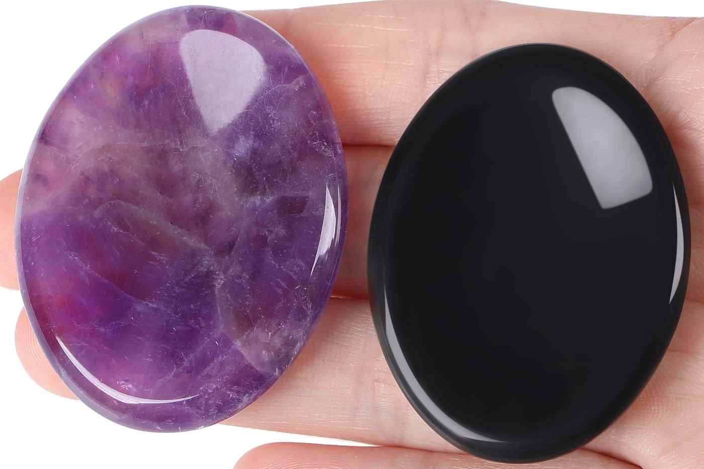 2PCS Worry Stone for Anxiety Tigers Eye Amethyst Healing Crystals Hand Thumb Stones Pocket Gemstones Meditation Accessories Oval Crystal Natural Relax Palm Stone Anxiety Relief Items Stocking Stuffers